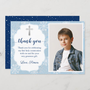Carte De Remerciements Snowflakes d'hiver Blue First Holy Communion Photo