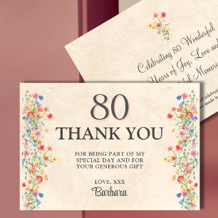 Carte De Remerciements Soft Elegant 80e fête d'anniversaire Floral 80