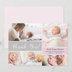 Carte De Remerciements Soft Pink Grey Personnalisé photo collage fille
