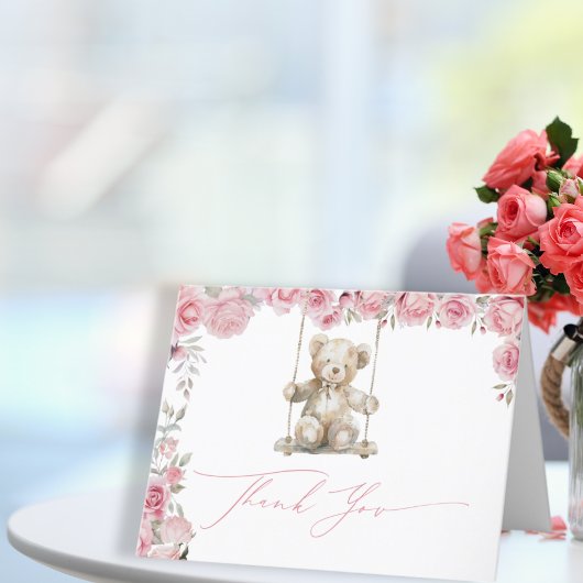 Carte De Remerciements Soft Rose Teddy ours bébé fille bébé