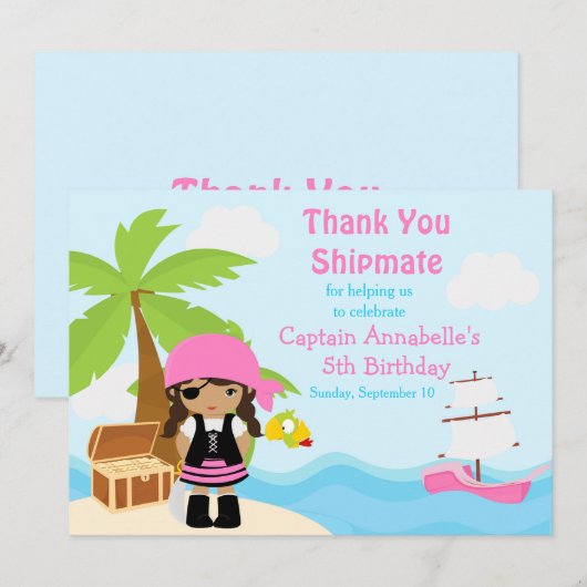 Carte De Remerciements Soirée d'anniversaire de la mignonne fille pirate  (Devant / Derrière)