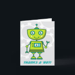 Carte De Remerciements Soirée d'anniversaire des robots verts<br><div class="desc">Les notes de remerciement pour les enfants sur le thème de la robotique comprennent un mignon robot futuriste agitant de la chaux,  un robot vert et turquoise avec des engrenages mécaniques gris dans l'arrière - plan. "Merci un "bot" texte peut être personnalisé.</div>