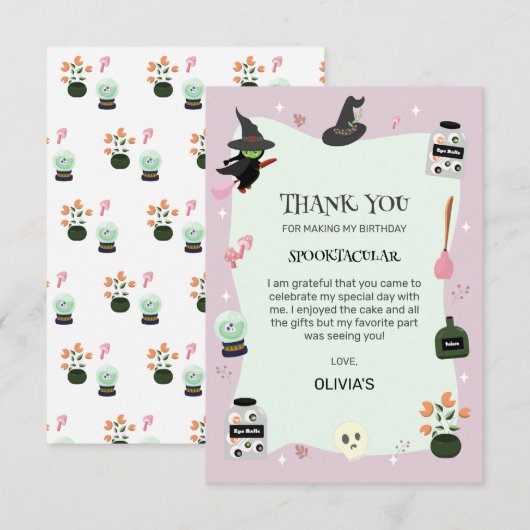 Carte De Remerciements Sorcière verte méchamment mignonne Halloween anniv (Devant / Derrière)