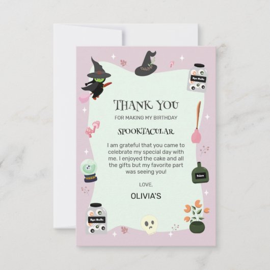 Carte De Remerciements Sorcière verte mignonne et méchante pour un annive (Devant)