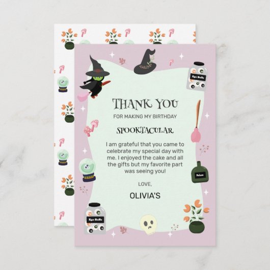 Carte De Remerciements Sorcière verte mignonne et méchante pour un annive (Devant / Derrière)