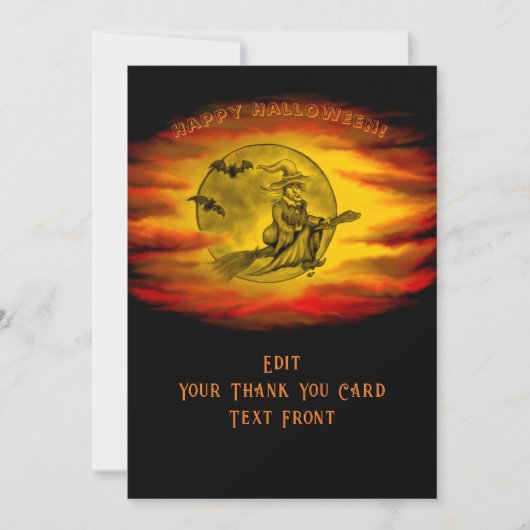 Carte De Remerciements Sorcière volante avec chat noir, nuit halloween (Devant)
