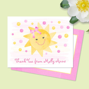 Carte De Remerciements Sourire soleil rose et points jaunes Fille