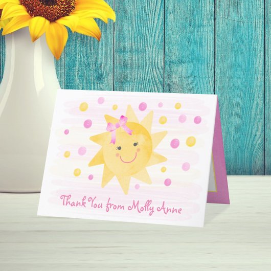 Carte De Remerciements Sourire soleil rose et points jaunes Fille