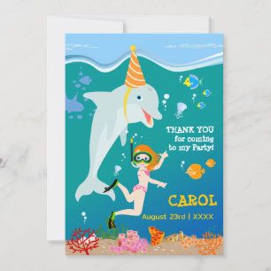 Carte De Remerciements Sous la mer dauphins et fête d'anniversaire fille