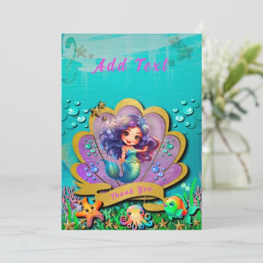 Carte De Remerciements Sous l'océan & Fête d'anniversaire de fille sirène (Debout devant)