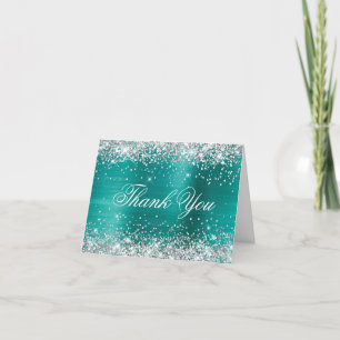 Carte De Remerciements Sparkly Silver Faux Parties scintillant Aqua Turqu