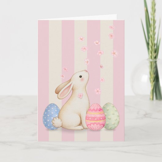Carte De Remerciements Spring Bunny and Eggs Pink Stripes 5x7 Easter Card (Devant)