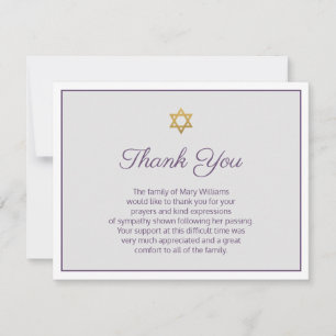 Carte De Remerciements Star of David Purple and Greenery Funeral