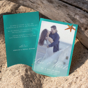 Carte De Remerciements Starfish aqua bleu plage photo de mariage