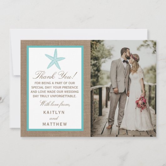 Carte De Remerciements Starfish Turquoise Burlap Beach Wedding Collection (Devant)