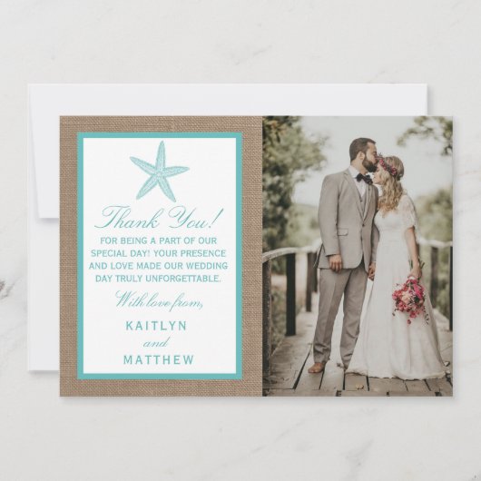 Carte De Remerciements Starfish Turquoise Burlap Beach Wedding Collection (Devant)