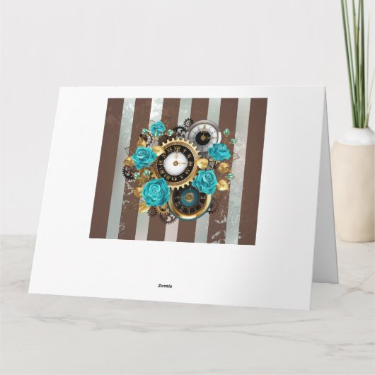 Carte De Remerciements Steampunk Clock and Turquoise Roses on Striped (Dos)