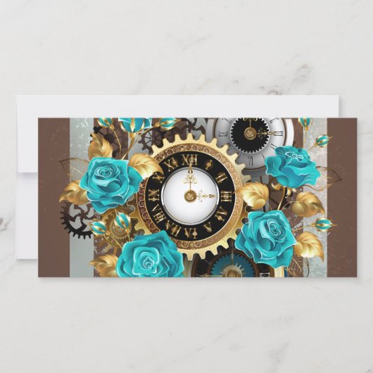 Carte De Remerciements Steampunk Clock and Turquoise Roses on Striped (Devant)