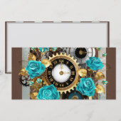 Carte De Remerciements Steampunk Clock and Turquoise Roses on Striped (Devant / Derrière)