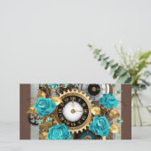 Carte De Remerciements Steampunk Clock and Turquoise Roses on Striped (Debout devant)