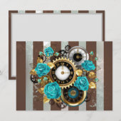 Carte De Remerciements Steampunk Clock and Turquoise Roses on Striped (Devant / Derrière)