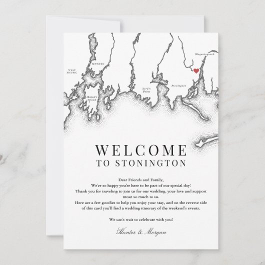 Carte De Remerciements Stonington CT Mariage Welcome Letter Noir Blanc (Devant)