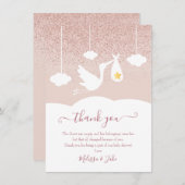 Carte De Remerciements Stork Rose Gold Star Parties scintillant Baby show (Devant / Derrière)