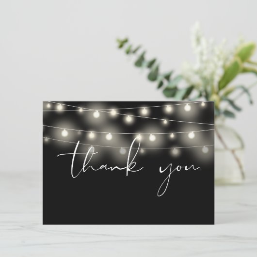 Carte De Remerciements String Lights Black And White Script Calligraphy (Debout devant)
