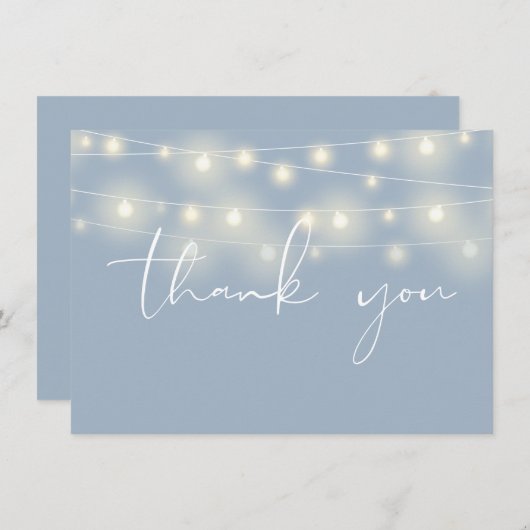 Carte De Remerciements String Lights Dusty Blue Script Calligraphy (Devant / Derrière)