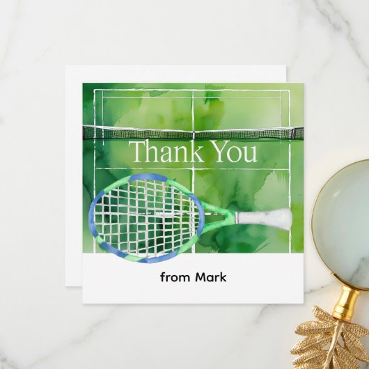 Carte De Remerciements Style aquarelle sur le thème du tennis (Devant/Arrière en situation)