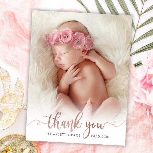 Carte De Remerciements Style Rose Gold Script Overlay texte Baby Photo