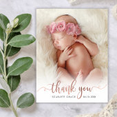 Carte De Remerciements Style Rose Gold Script Overlay texte Baby Photo