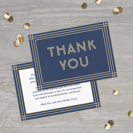 Carte De Remerciements Stylish Marine Blue & Gold Frame Classic Typograph