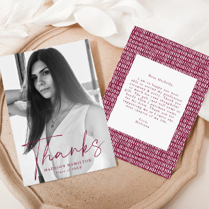 Carte De Remerciements Stylish Maroon Script Photo Graduation