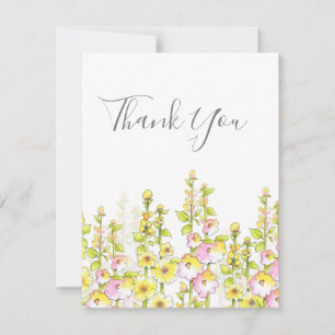 Carte De Remerciements Stylo rose jaune et aquarelle Champ de Hollyhocks