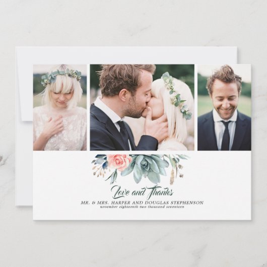 Carte De Remerciements Succulents Verdure et rose Rose 3 Photos Mariage (Devant)