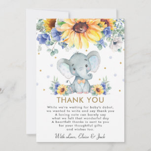Carte De Remerciements Sunflower Blue Floral Elephant Baby shower garçon 