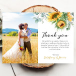 Carte De Remerciements Sunflower Eucalyptus 2 Photos Mariage<br><div class="desc">Tournesol rustique aquarelle et mariage eucalyptus merci cartes avec 2 photos et script et police moderne.</div>