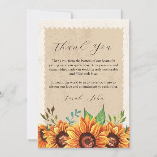 Carte De Remerciements Sunflower Rustic Floral (Devant)