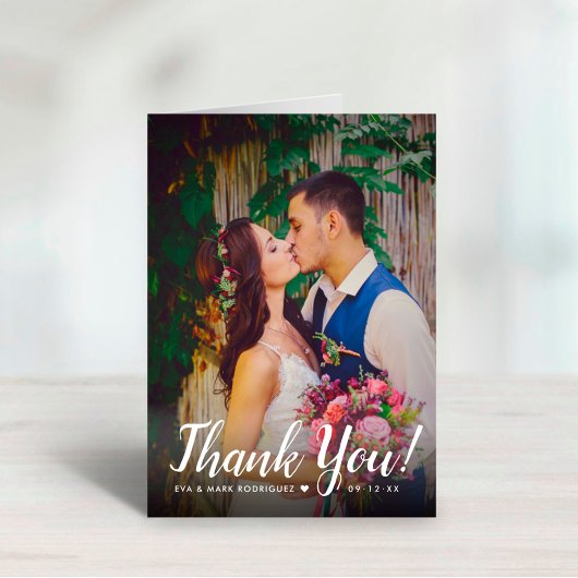 Carte De Remerciements Superposition de script moderne Photo de mariage d