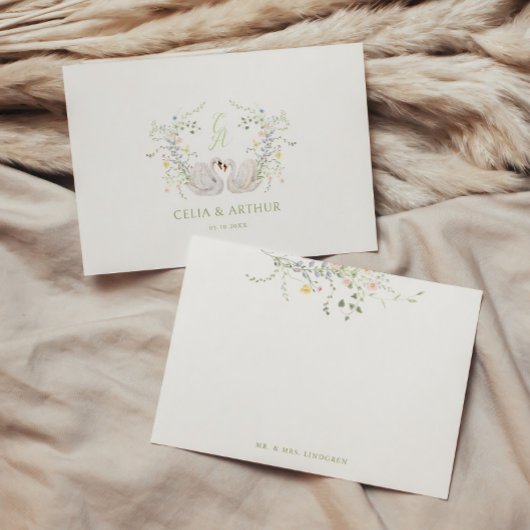Carte De Remerciements Swans Floral Monogram Crest Wedding