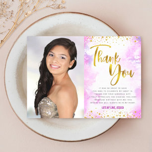 Carte De Remerciements Sweet 16 Or rose Aquarelle Photo Fille moderne