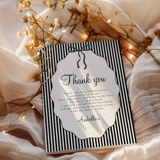 Carte De Remerciements Sweet Pinstriped Black Bow Graduation