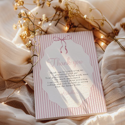 Carte De Remerciements Sweet Pinstriped Pink Bow Graduation