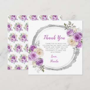 Carte De Remerciements Sweet sixteen de fleurs élégantes violet et argent