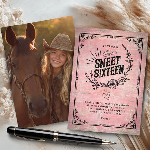 Carte De Remerciements Sweet sixteen rustique rose cowgirl avec photo