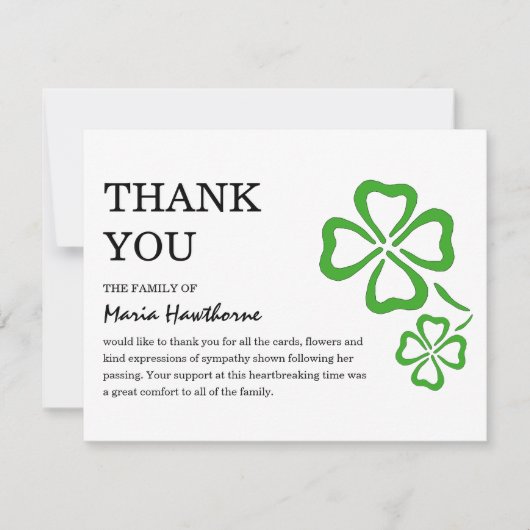 Carte De Remerciements Sympathie du Shamrock vert irlandais (Devant)