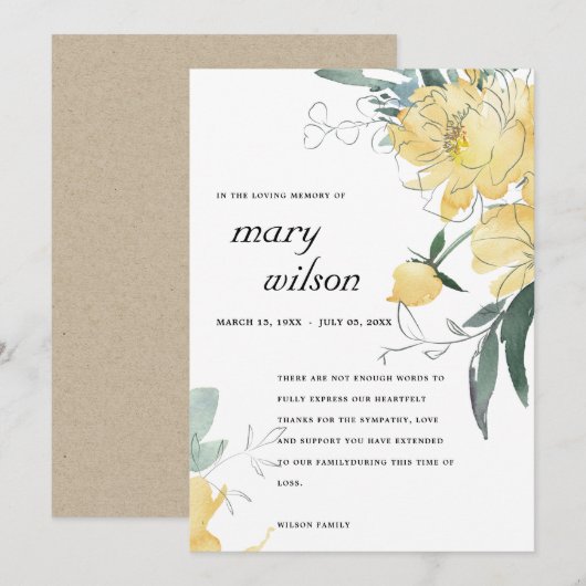 CARTE DE REMERCIEMENTS SYMPATHIE FLORALE CLAIRE ET JAUNE (Devant / Derrière)