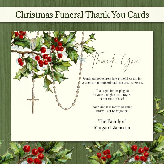 Carte De Remerciements Sympathie funéraire du Rosaire de Noël catholique
