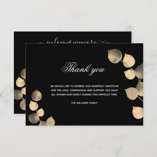 Carte De Remerciements Sympathie noir or eucalyptus photo (Devant / Derrière)